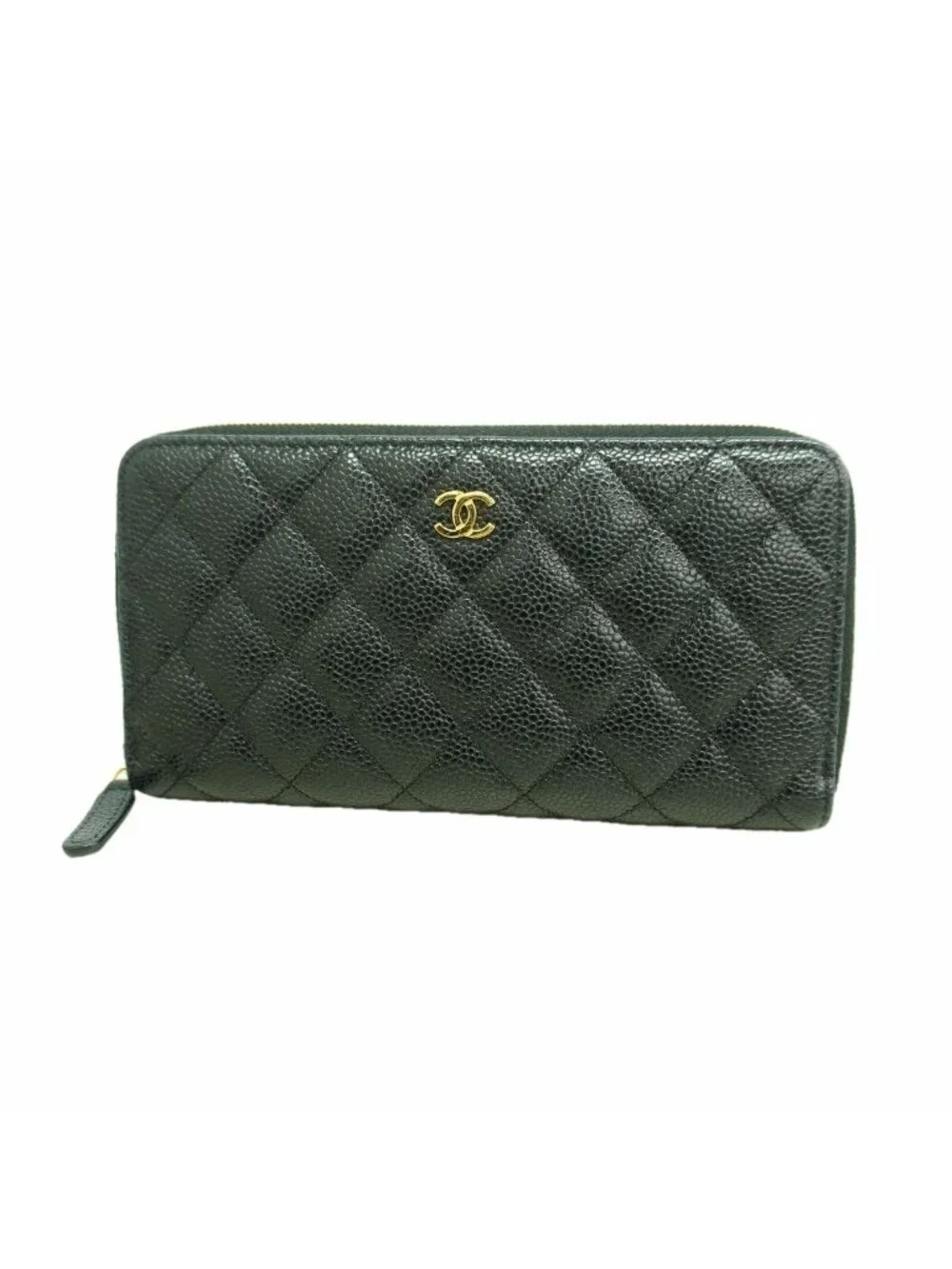 Chanel Wallet Quilted Caviar Leather Black Gold